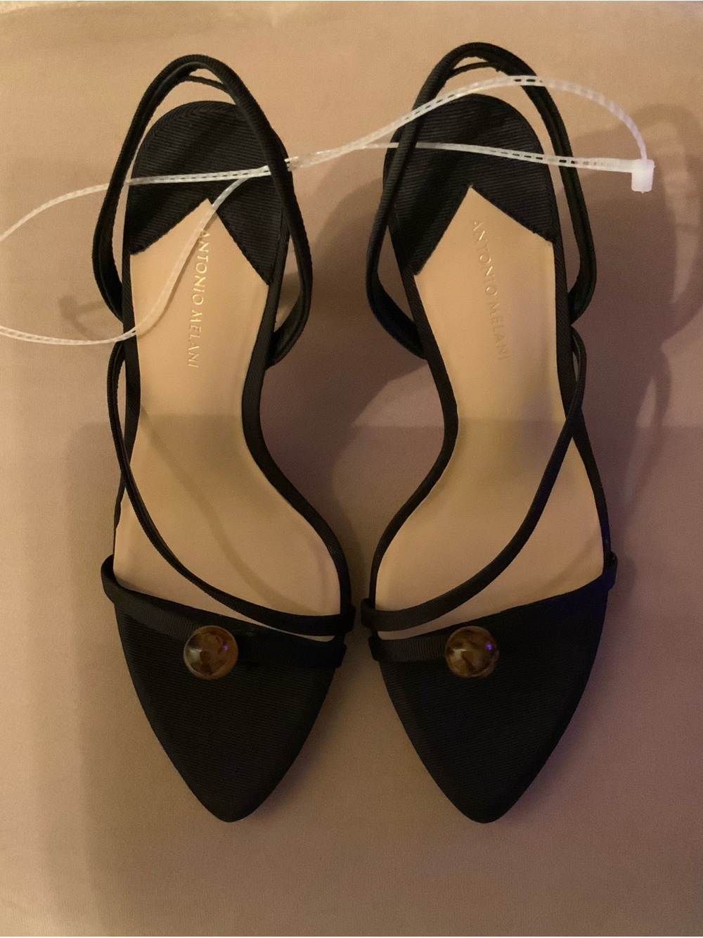 ANTONIO MELANI Black Pointed Toe Slingback Heels with Accent Button